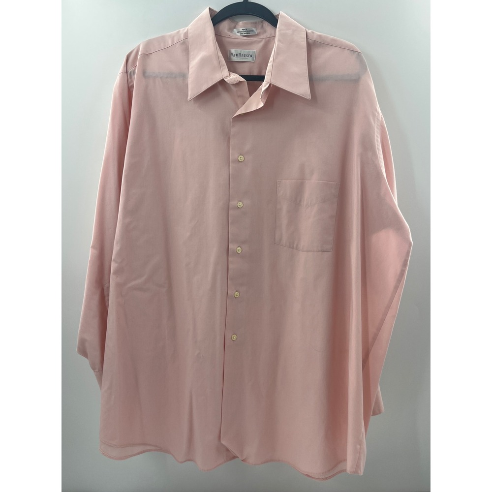 Van Heusen Mens Pink Poplin Dress Shirt Wrinkle Free 18.5 34/35 Big Long Sleeve